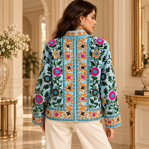 Veste en velours bleu ciel brodée de fleurs pour femmes |   Vêtement d'extérieur bohème avec manches longues, col décoratif et couleur - Product Image 4