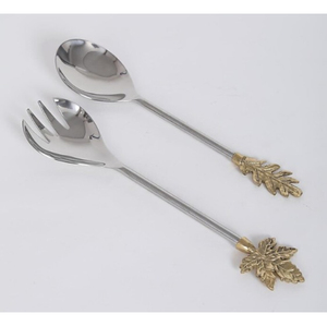 Classic Brass Ginkgo Leaf Handle Salad Server Set Gold Eco-Friendly Sustainable Stainless Steel Luxury Elegant Wholesale - Product Image 2