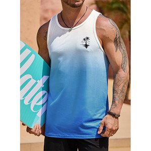 Camiseta sin mangas para hombre, degradado azul y blanco, cuello redondo, secado rápido, informal, con estampado de palmeras - Product Image 5