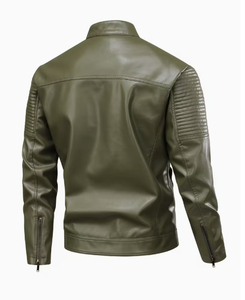 TRIBON SPORTS Men's Olive Green Cowhide Leather Bomber <b>Jacket</b> Stand Collar Zipper Closure <b>Slim</b> <b>Fit</b> Winter Casual Embroidered - Product Image 2