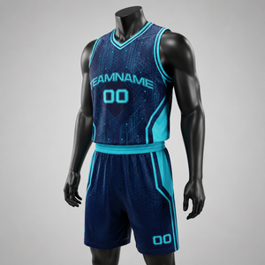Custom Sublimated Breathable Basketball Jersey <b>Set</b> Unisex V-Neck Sleeveless Team Uniform Blue Mesh Moisture Wicking Athletic Fit - Product Image 3