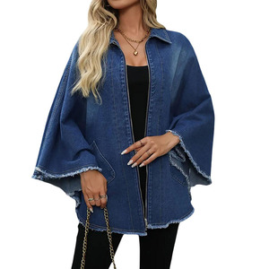 Streetwear Casual Turn Down Collar Loose Fit Zipper Jacket Ladies Oversize batwing Sleeve Denim Jacket - Product Image 1