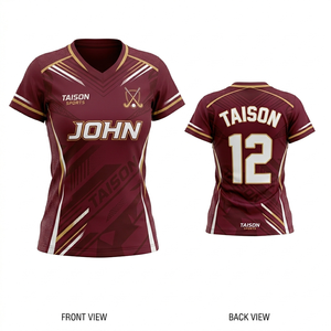 เสื้อฮอกกี้หญิงคุณภาพพรีเมียม 180 GSM ผ้าโพลีเอสเตอร์ระบายอากาศได้ดี สีแดงเลือดหมู แต่งลายทอง ออกแบบโลโก้แบบซับลิเมชั่นตามสั่ง - Product Image 1
