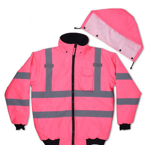 Reinforced Stitched Zipper Up Stand Collar Detachable Hood Safety <b>Jacket</b> With <b>Reflective</b> Stripes For Unisex <b>Men</b> Women - Product Image 3