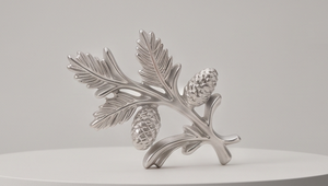 Décoration de table contemporaine en aluminium argenté, branche de pin et cône sculptés, figurine de Noël pour accent d'intérieur. - Product Image 2