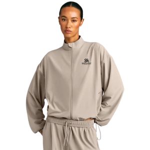 Beige <b>Womens</b> Polyester Windbreaker <b>Jacket</b> Custom Logo Letter Print Full Zip High Neck <b>Lightweight</b> Outdoor Streetwear OEM Apparel - Product Image 1