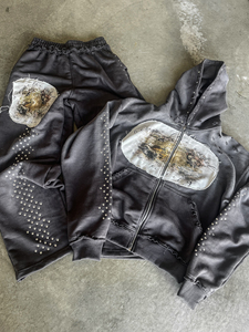 Distressed Custom Printed French Terry Sweatsuit Distressed Sweatpants and Hoodie Sets Vintage Acid Wash Baggy <b>Tracksuit</b> Men - Product Image 5