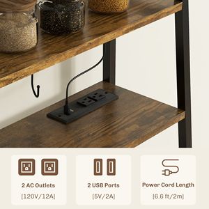 Scaffale da Cucina Industriale Marrone Rustico con Ripiani Aperti, Stazione di Ricarica, Portasciugamani LED - Multiuso per Abbigliamento - Product Image 6