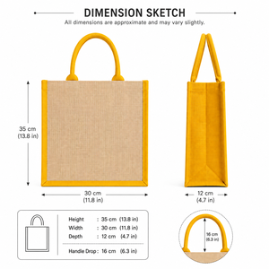 Sac de courses en jute AMANI avec poignée longue, bordure jaune, option logo personnalisé, taille moyenne, pour les courses et les cadeaux - Product Image 2