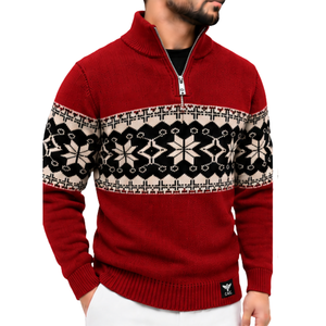 Pull pour homme rouge style Fair Isle nordique, col zippé, jacquard flocon de neige, col montant, poignets et ourlet côtelés, décontracté automne, vente en gros - Product Image 1