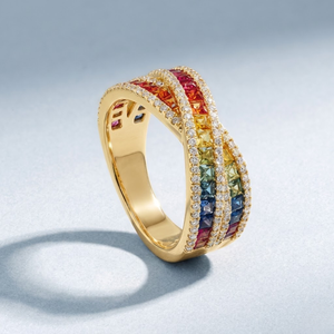 China Manufacturer Good Quality Rainbow Princess Jewelry 18k Solid Yellow Gold Real Diamond Blue Sapphire Rainbow Ring for Women - Product Image 1