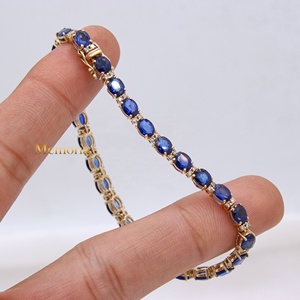 Bracelet tennis en or jaune massif 14 carats fait main, saphir bleu naturel, diamant véritable, bijoux ethniques raffinés pour fiançailles et fêtes - Product Image 1