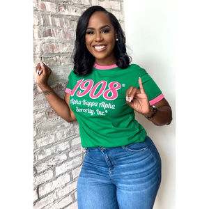 Camiseta de chenilla 1908 con ribete rosa, verde con letras bordadas en rosa, ropa de hermandad, camiseta universitaria de algodón para mujer, estilo griego. - Product Image 3