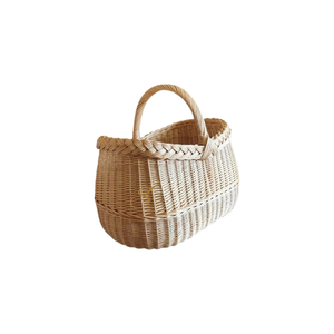Cesta de picnic de ratán con borde trenzado, color blanco crema, ovalada curva, de tapa abierta, mimbre tejido a mano, cesta de almacenamiento individual fija - Product Image 1