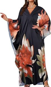 Floral Print Chiffon Maxi Dress V-Neck Batwing Sleeve Loose Boho <b>Summer</b> Casual <b>Kaftan</b> Dress - Product Image 4