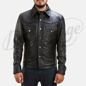 Chaqueta Trucker de Cuero Genuino Negro Premium para Hombre - Abrigo Estilo Western de Piel de Oveja Genuina con Corte Ajustado y Botones a Presión - Product Image 4