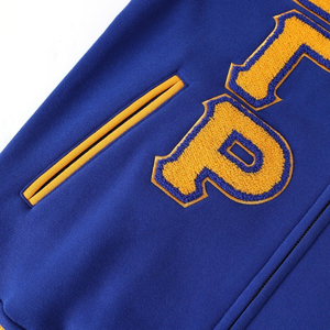 เสื้อแจ็คเก็ตฟลีซพรีเมียมสีน้ำเงิน Sigma Gamma Rho สไตล์ Letterman แบบซิป  คอและปลายแขนเสื้อแบบริบ  ปักลายแบบกำหนดเองได้ - Product Image 4