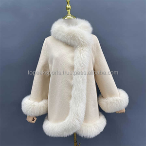 Manteau en laine mélangée crème pour femme avec col et poignets en fausse fourrure, élégant, chaud et tendance pour l'hiver, manteau long pour femme, vente en gros OEM - Product Image 3
