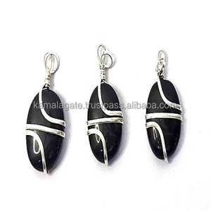 Natural <b>Black</b> Obsidian Pendant Love Style Oval Shaped Agate Carved with Wire <b>Wrap</b> Semi-Precious Gemstone Jewelry - Product Image 1