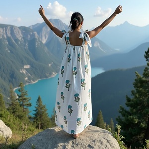 Robe d'été Boho Casual Dress Sleeveless Maxi Square Neckline Tie-up Shoulder Straps Blue Green Floral Print Loose Fit Flowing Style - Product Image 1