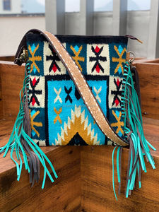 Hand Tooled & Saddle <b>Blanket</b> Crossbody Bag Hot Sale Genuine Leather and Turquoise Wool Fringe Concealed Carry Purse for Women's - Product Image 4
