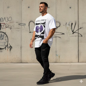 T-shirts pour hommes personnalisés, surdimensionnés, à motifs graphiques, sérigraphiés, coupés et cousus, avec patchs usés - Product Image 2
