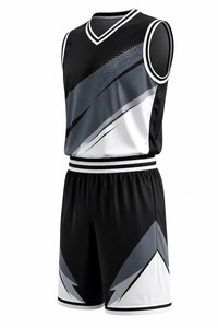 Ensemble de maillots de basketball pour hommes, manches courtes, col en V, sangle en T, taille élastique, évacuation de l'humidité, imprimé par sublimation, motif uni - Product Image 3