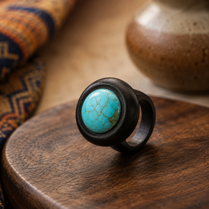 Classic Vintage Atemporal Ebony Turquoise Handmade Artisan <b>Craft</b> Solid Pau Preto Wood Unisex <b>Ring</b> for Retail and Bulk Trade - Product Image 1