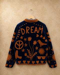 Chaqueta Corta de Terciopelo Azul Marino con Textura Artesanal, Bordado Cálido Color Óxido, Estilo Bohemio, Arte Folclórico, Sueño Celestial, de Gran Impacto - Product Image 5