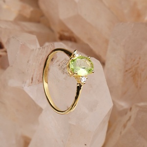 Wholesale 925 Sterling Silver Yellow Gold Plated Natural Oval <b>Peridot</b> CZ 3 Stone <b>Ring</b> Memoria Jewels - Product Image 4