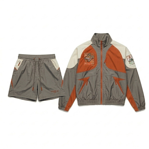 <b>Men's</b> Gray Orange Color Blocking Tracksuit Set Full Sleeve Zipper Front Pocket Sporty Style Windproof Polyester Autumn Wear - Product Image 1