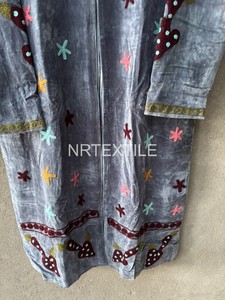 <b>Women's</b> Gray <b>Velvet</b> Long <b>Coat</b> Stand Collar Zipper Up Winter Jacket Embroidered Floral Bird Star Pattern Drop Shoulder - Product Image 5