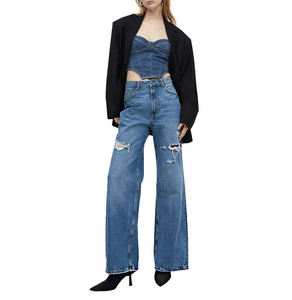 กางเกงยีนส์ขากว้างสีน้ำเงินเข้มแบบขาดๆ ซักฟอก สไตล์เก๋ที่สุดสำหรับผู้หญิง กางเกงยีนส์ขาดๆ แฟชั่นสำหรับผู้หญิง มีจำหน่ายแล้ว - Product Image 3