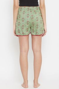 Women's Green Geometric Print Shorts <b>Elastic</b> Waist Knitted Cotton Breathable Regular Fit Casual Style - Product Image 3