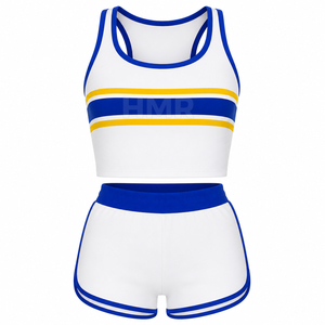 Ensemble sportif 2 pièces HMR Sorority Sisterhood, haut court rayé blanc bleu jaune, short taille haute sans manches, été - Product Image 5