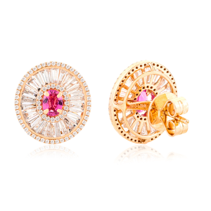 18K Solid Gold Pink <b>Tourmaline</b> Stud <b>Earrings</b> with Cushion Cut Diamond Cluster - Product Image 3