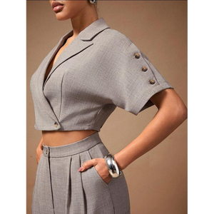The Heirloom <b>Linen</b> Blend Cropped Blazer & Cargo Trouser <b>Set</b> a cropped short sleeve blazer featuring a sophisticated notched - Product Image 3