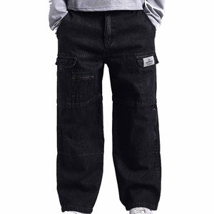Pantalon en jean noir délavé, taille mi-haute, coupe large et ample, style streetwear décontracté, moderne, respirant, écologique, lavable, uni pour homme - Product Image 4