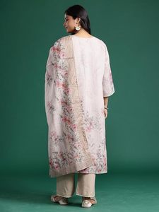 Women's <b>Linen</b> Woven Floral Embroidered Knee Length Straight Kurta & Pant with Dupatta 3-<b>Piece</b> Set - Product Image 3