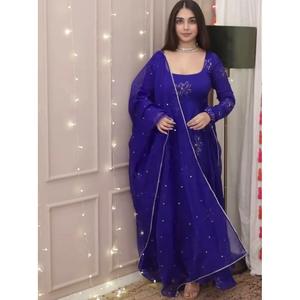 FANCY GEORGETTE HILO SECUENCIA TRABAJO VESTIDO FONDO CON DUPATTA AZUL - Product Image 1