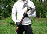 Hache Viking de qualité industrielle en acier inoxydable, hache à double lame, tête d'hache avec manche en bois, hache barbue pour le camping et la chasse