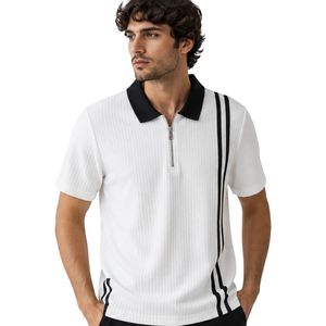 Polo de Golf Personalizado Blanco y Negro con Cuello Tipo Waffle, Media Cremallera, Manga Corta, Tejido Texturizado, Logotipo Personalizado, Fabricante de Marca Privada para Hombre - Product Image 1