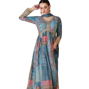 Vêtements de fête et de mariage col en V Organza soie Long travail au sol 2024 femmes Collection ethnique prêt à acheter - Product Image 1