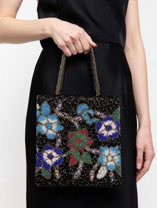 Sac fourre-tout carré à perles avec broderie florale, sac à main en toile noire tendance pour femmes - Product Image 4