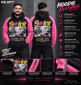 Rexfit Men's Oversized Hooded <b>Sweatshirt</b> <b>Pink</b> Black Raglan Sleeve Streetwear Cotton French Terry Printed Front Logo - Product Image 3