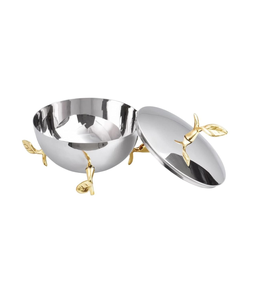 Tazón de Servir de Metal de Lujo con Tapa, Tazón Decorativo Plateado con Diseño de Hojas Doradas, Elegante Contenedor para Dulces, Frutos Secos y Golosinas - Product Image 2