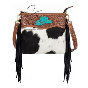 Sac bandoulière vintage en cuir repoussé avec franges, style chapeau de cowboy western, en peau de vache à poils, sac à main bohème pour cowgirl, sac à bandoulière quotidien - Product Image 1