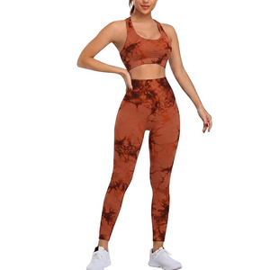 Conjunto Deportivo Tie Dye Naranja, Leggings y Sujetador Deportivo, Tejido de Spandex y Poliéster, Cintura Alta, Largo Completo, Transpirable, de Secado Rápido, Ropa Deportiva para Mujer - Product Image 1