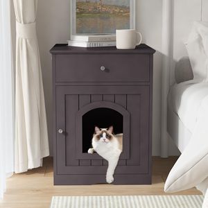 Casetta per Gatti XXL in Legno con Ampio Spazio Interno, Tavolino Laterale e Comodino per Gatti (Marrone) - Product Image 1
