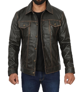 Wholesale Men Genuine Dark Brown Distressed Leather <b>Trucker</b> <b>Jacket</b> Vintage Casual Fashion <b>Jacket</b> - Product Image 1